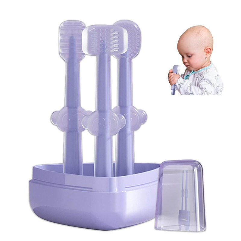 New Design Baby Manual Toothbrush Plastic Travel Soft Bristles Baby Oral Training Silicone Tongue Cleaner 3-Sided Tooth Brush Infant Toothbrush
