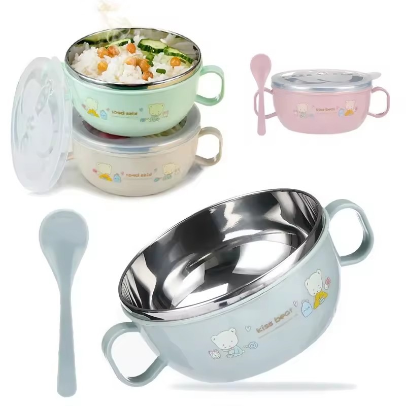Baby Feeding Bowl with Lids Stainless Steel Insulated Bowl Spoon Set Children Tableware Cartoon Printed Easy To Clean Children Food Bowl