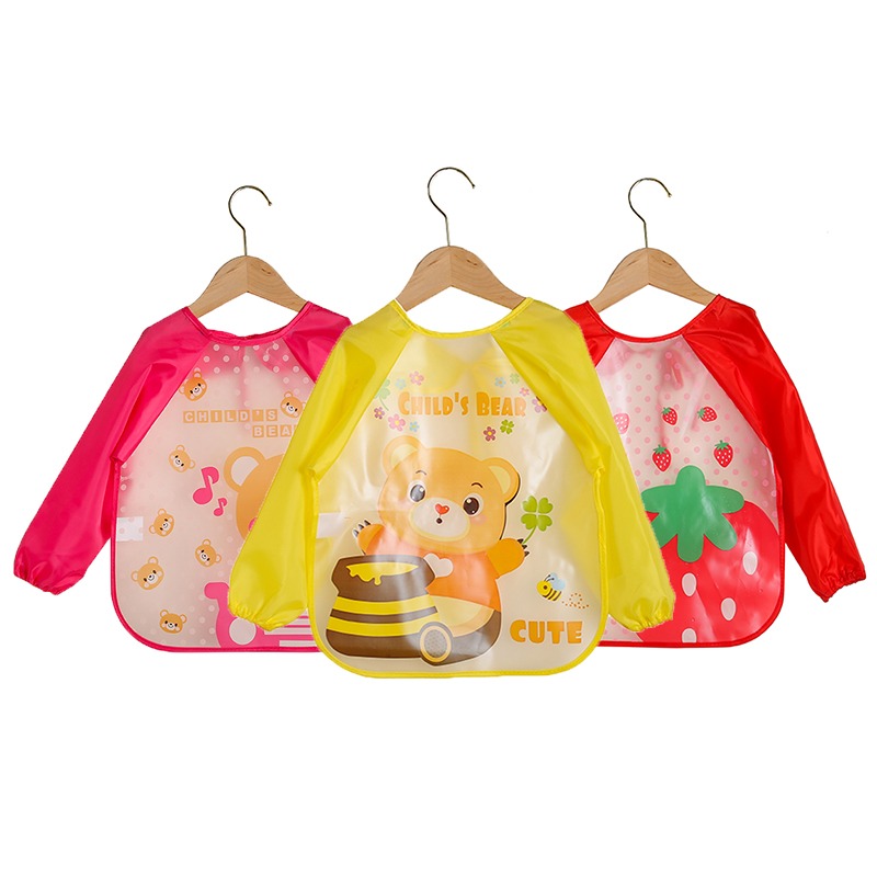 Long Sleeve Waterproof Baby Bibs Cute Cartoon Bear Baby Feeding Bibs Lace Up Design Newborn Toddler Kid Children Eating Aprons